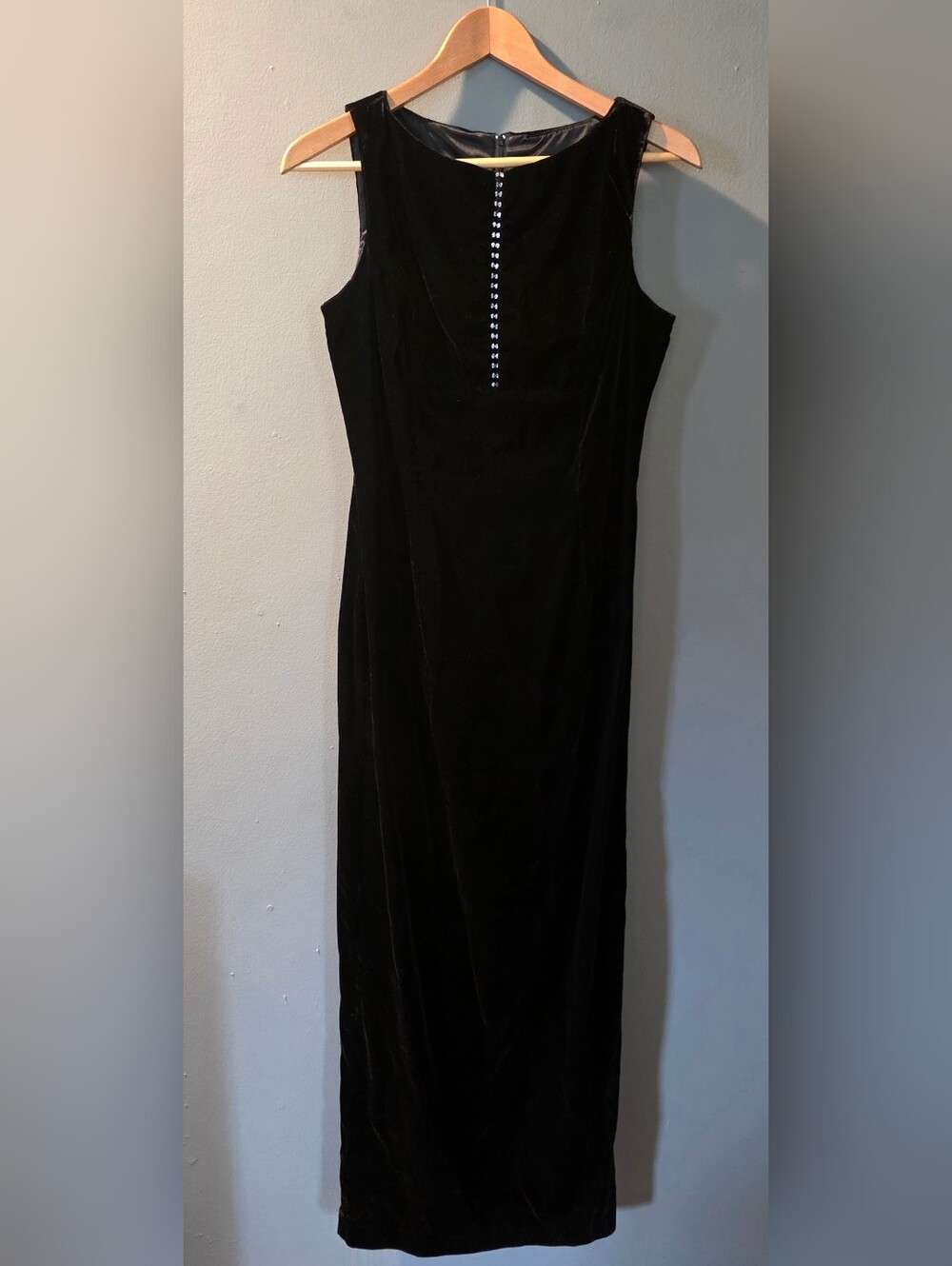 Vintage Scott McClintock Black Velvet Maxi Gown Rhinestone Sleeveless Dress Sz 8
